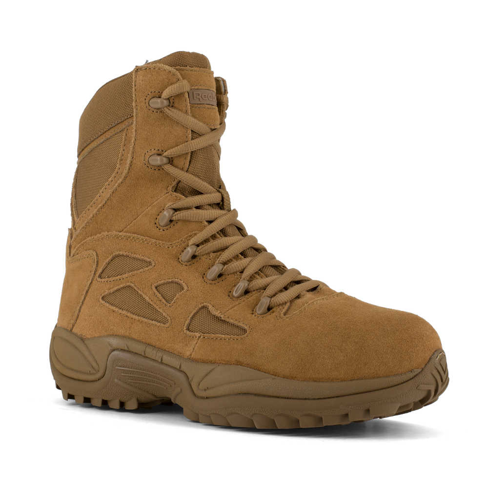 Reebok Rapid Response 8 side zip composite toe boot in coyote, angled view of the outer side