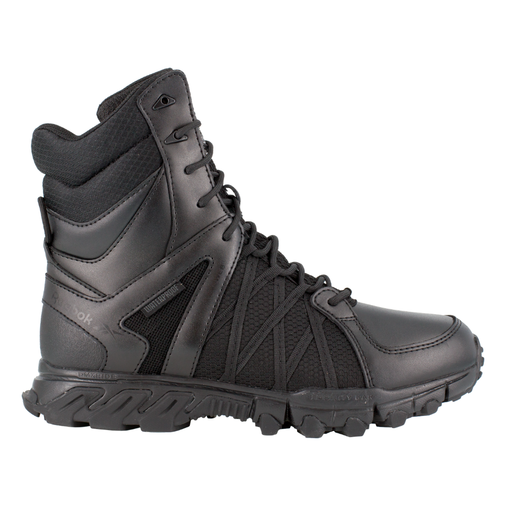Reebok Trailgrip Tactical 8 side zip waterproof boot in black, side view of the outer side