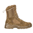 A single 5.11" tactical combat boot in coyote brown suede and nylon, shown from a side profile view against a solid white background.