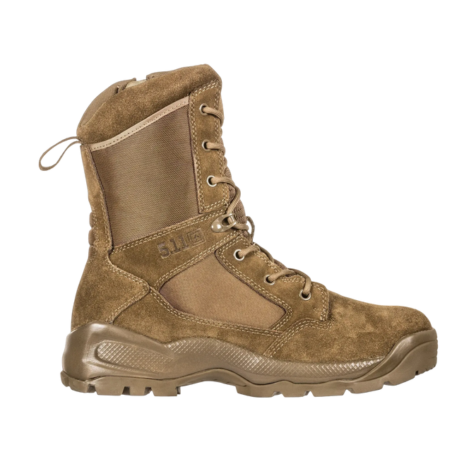 A single 5.11" tactical combat boot in coyote brown suede and nylon, shown from a side profile view against a solid white background.