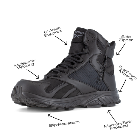 Reebok Hyperium Tactical men's 6-inch trail running tactical boot, angled view of the inner side with feature callouts