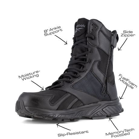 Reebok Hyperium Tactical men's 8-inch trail running tactical boot, angled view of the inner side with feature callouts