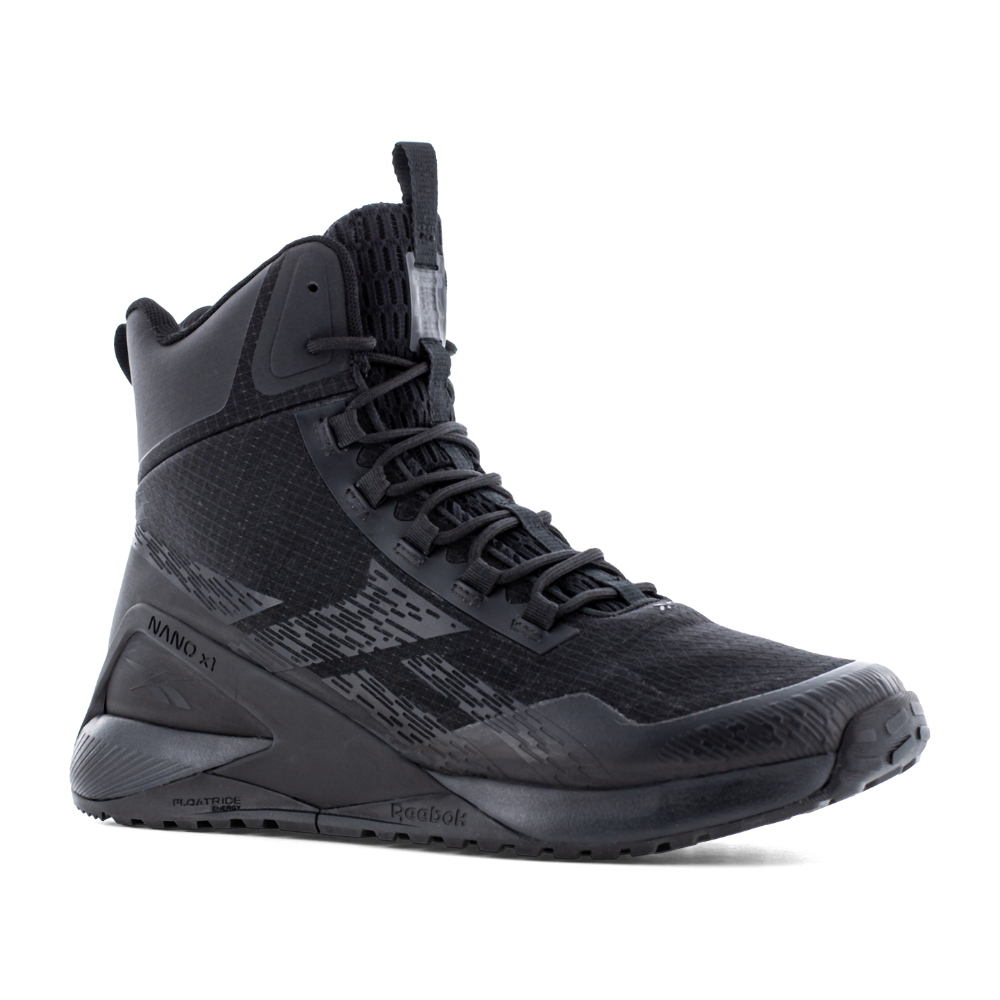 Reebok Nano X1 Adventure 6 tactical side zip boot in black, angled view of the outer side