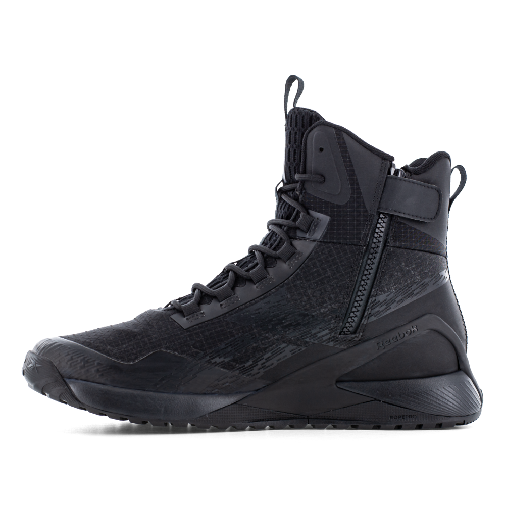 Reebok Nano X1 Adventure 6 tactical side zip boot in black, side view of the inner side