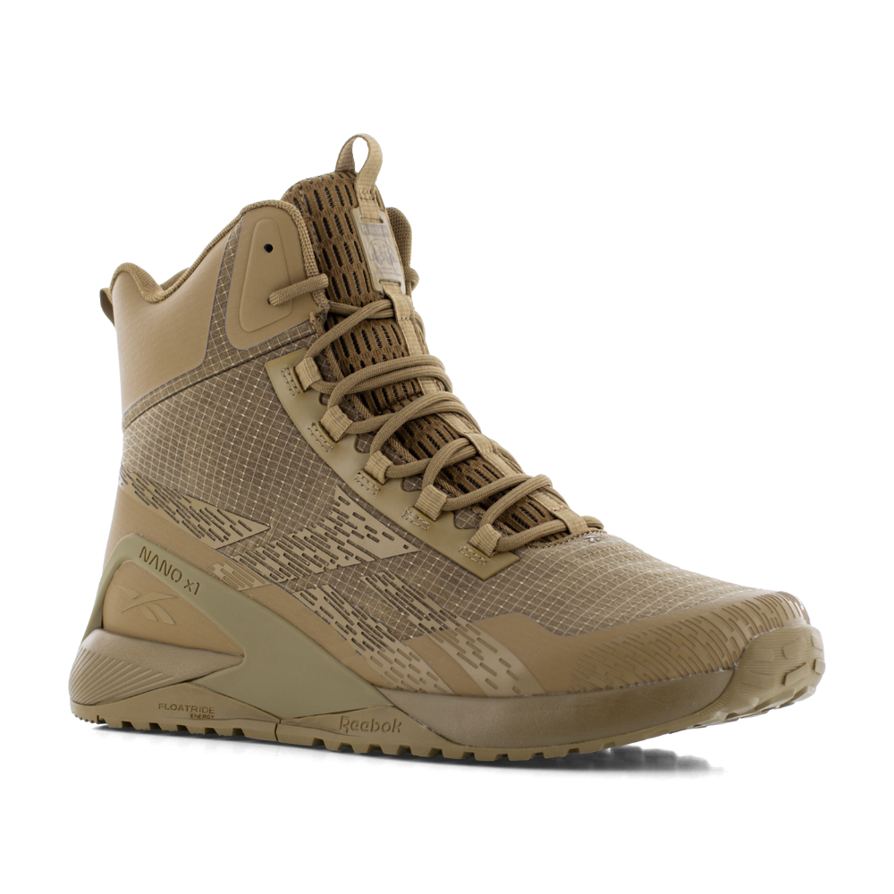 Reebok Nano X1 Adventure 6 tactical side zip boot in coyote, angled view of the outer side