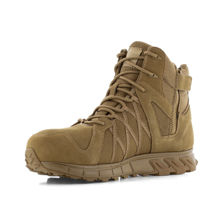 Reebok Trailgrip Tactical 6 side zip composite toe boot in coyote, angled view of the inner side