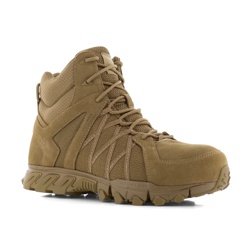 Reebok Trailgrip Tactical 6 side zip composite toe boot in coyote, angled view of the outer side