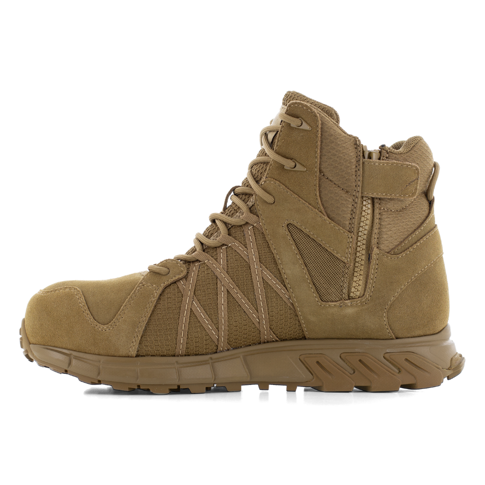 Reebok Trailgrip Tactical 6 side zip composite toe boot in coyote, side view of the inner side