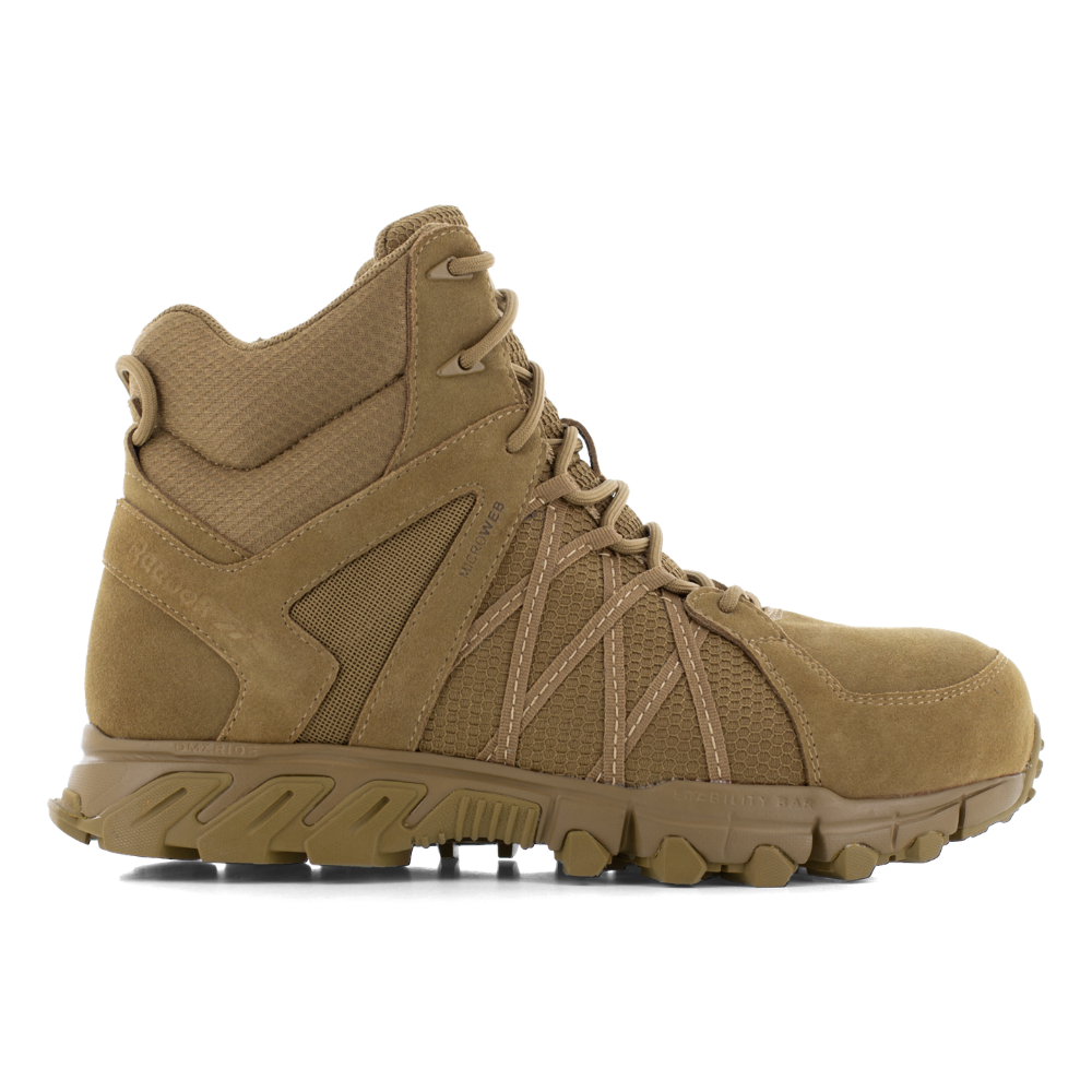 Reebok Trailgrip Tactical 6 side zip composite toe boot in coyote, side view of the outer side