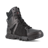 Reebok Trailgrip Tactical 8 side zip waterproof boot in black, angled view of the outer side