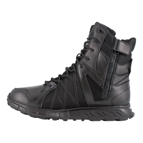 Reebok Trailgrip Tactical 8 side zip waterproof boot in black, side view of the inner side